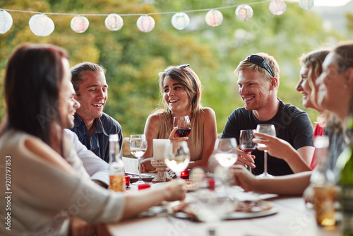 Canvas Print Friends, group and dinner party with pizza, celebration and young people together with drinks