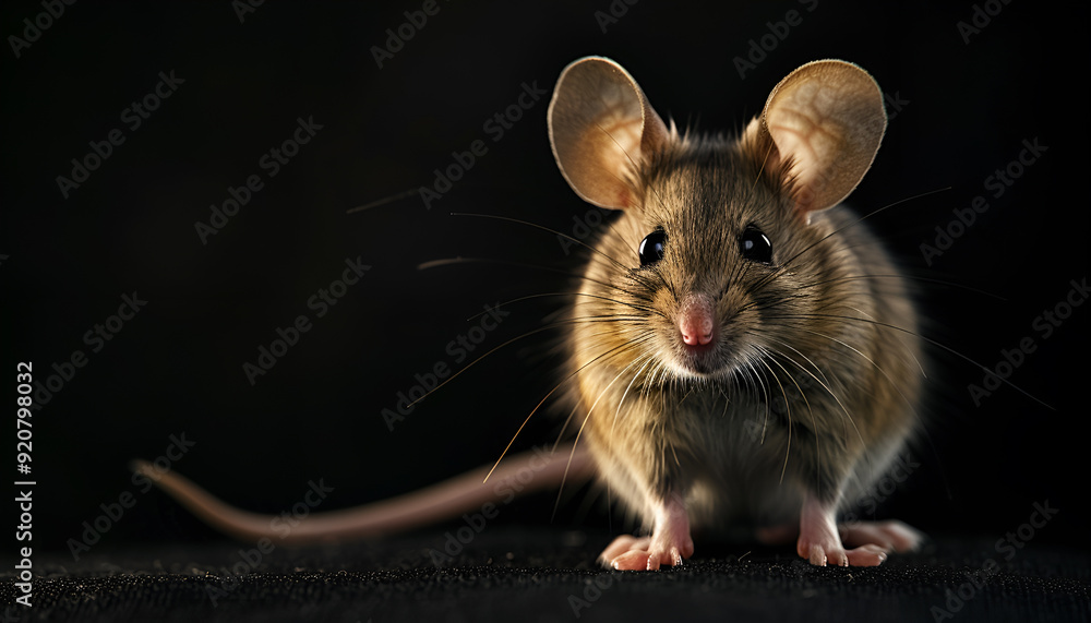 cute mouse on right side of image, mouse standing and looking at viewer, dark background