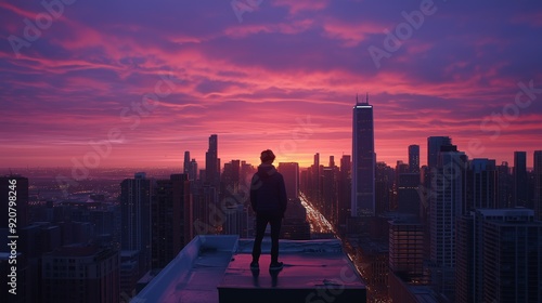 Silhouette of a person standing on a rooftop, overlooking a city skyline with a vibrant sunset backdrop.