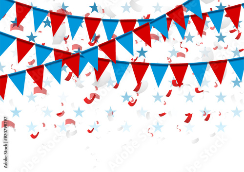 Red and blue party flags abstract USA background with confetti. Independence Day modern vector design