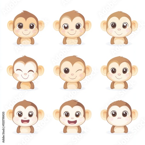 Nine adorable cartoon monkeys with different expressions, including happy, sad, surprised, and winking.