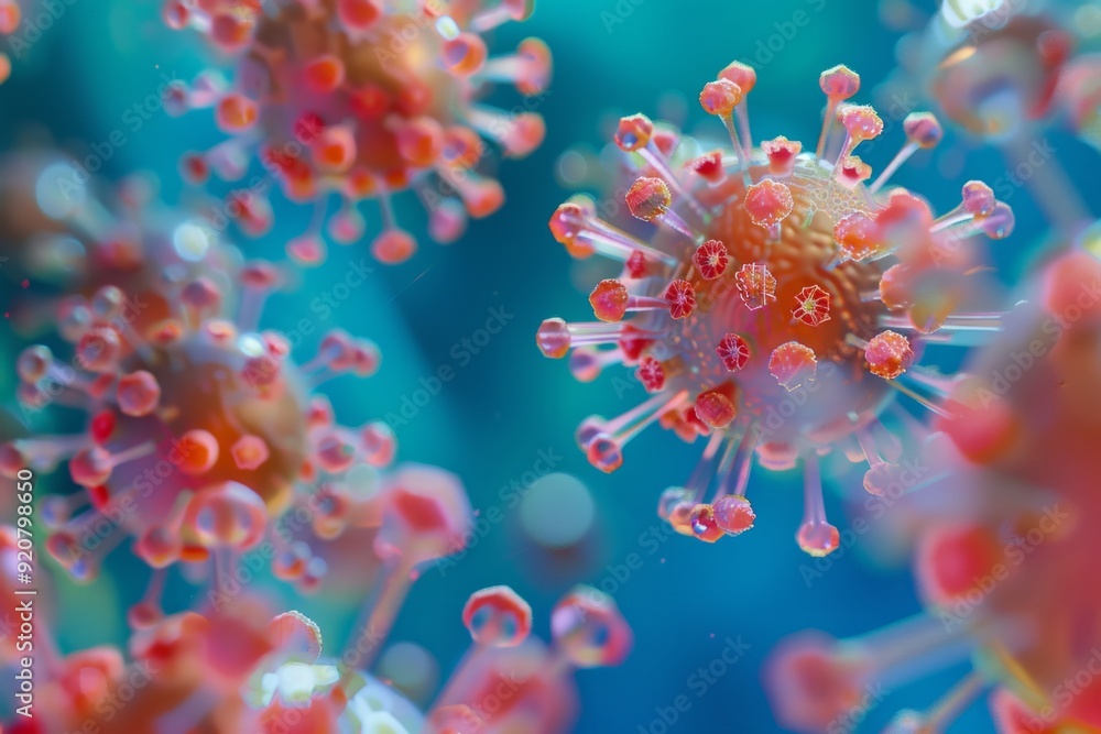 Close-up of colorful microscopic virus cells. Conceptual scientific image. Vivid and detailed illustration for educational and medical purposes. Digital art. Generative AI Close-up of colorful microscopic virus cells. Conceptual scientific image. Vivid and detailed illustration for educational and medical purposes. Digital art. Generative AI