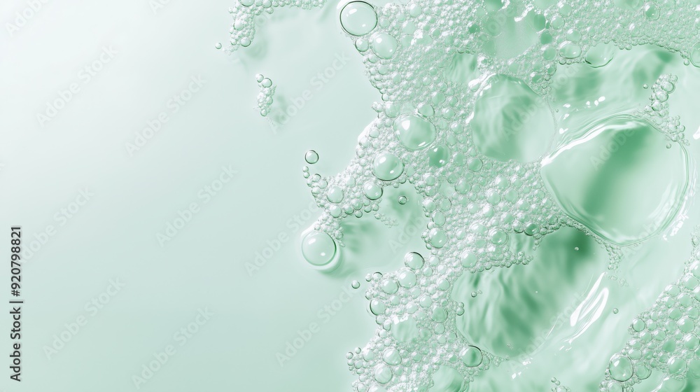 Naklejka premium Detail view of green soap bubbles on a liquid surface, creating an abstract, refreshing, and clean visual effect.