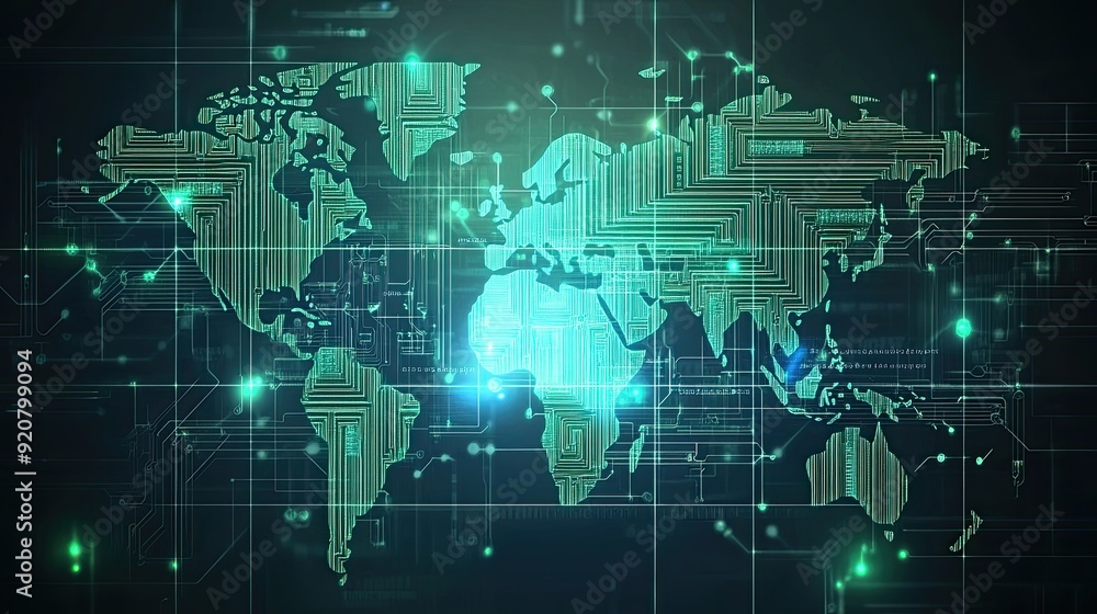 World Map With Futuristic Circuit Board Design Illustrating Global Connectivity in High-Tech Context World Map With Futuristic Circuit Board Design Illustrating Global Connectivity in High-Tech Context