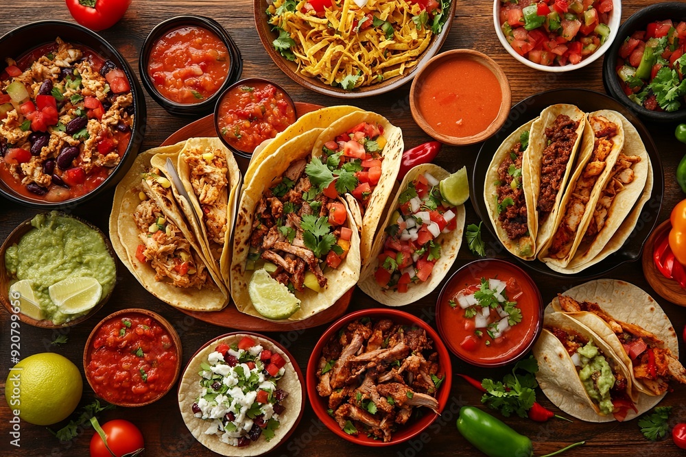 A vibrant spread of assorted tacos and side dishes on a wooden table featuring fresh ingredients and sauces A vibrant spread of assorted tacos and side dishes on a wooden table featuring fresh ingredients and sauces