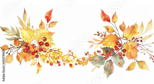 Autumn Foliage Border. Watercolor Hand-painted Fall Leaves Twig Bouquet Design