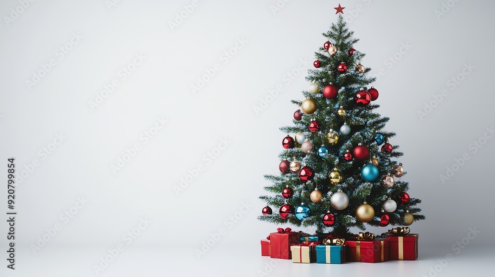 Beautifully decorated Christmas tree with gifts under it against white background. Beautifully decorated Christmas tree with gifts under it against white background.