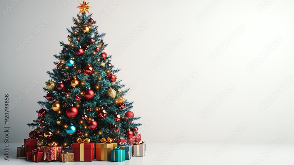 Beautifully decorated Christmas tree with gifts under it against white background. Beautifully decorated Christmas tree with gifts under it against white background.