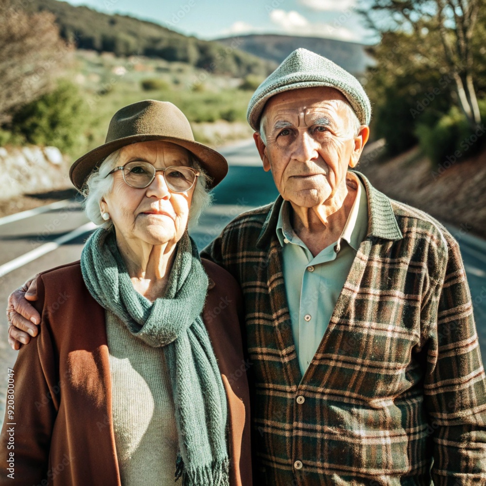 An elderly couple stands on an empty country road, surrounded by green hills and a peaceful landscape. An elderly couple stands on an empty country road, surrounded by green hills and a peaceful landscape.