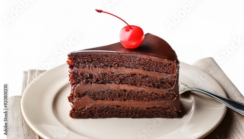 A piece of chocolate cake on white background
