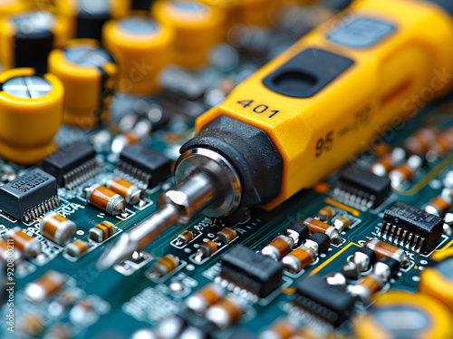 A close-up view of various electronic components arranged on a circuit board. photo