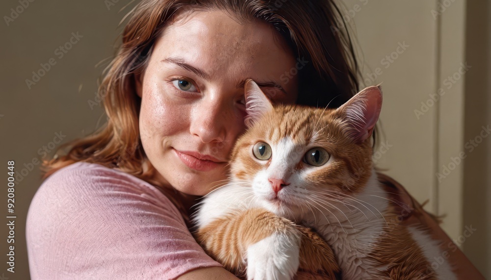 Woman cuddling with her ginger cat. Woman cuddling with her ginger cat.