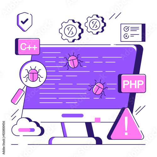      Virus under magnifying glass, debugging illustration 

