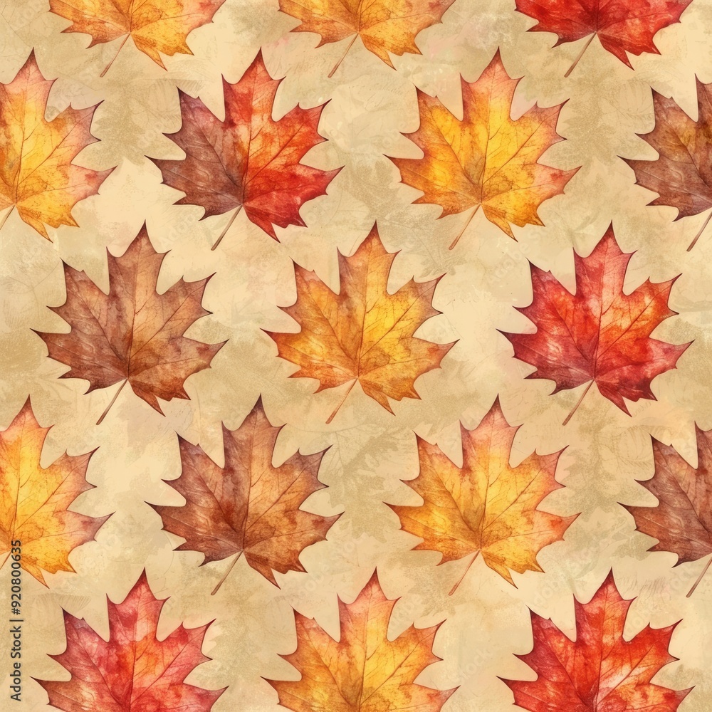 Autumn Leaves Textured Pattern of Maple, Oak in Vibrant Watercolor Palette Autumn Leaves Textured Pattern of Maple, Oak in Vibrant Watercolor Palette