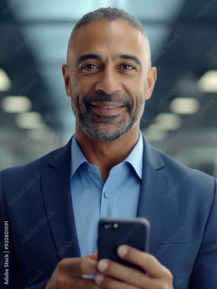 Middle-aged man in corporate suit smiling at camera while looking at his smartphone, likely engaged in work or personal communication. Middle-aged man in corporate suit smiling at camera while looking at his smartphone, likely engaged in work or personal communication.
