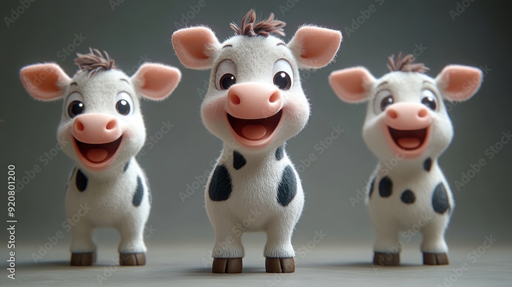 Three cute cartoon cows with black and white spots are smiling at the camera. Three cute cartoon cows with black and white spots are smiling at the camera.
