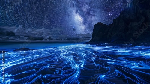 Time-lapse of bioluminescent tides under a starry sky