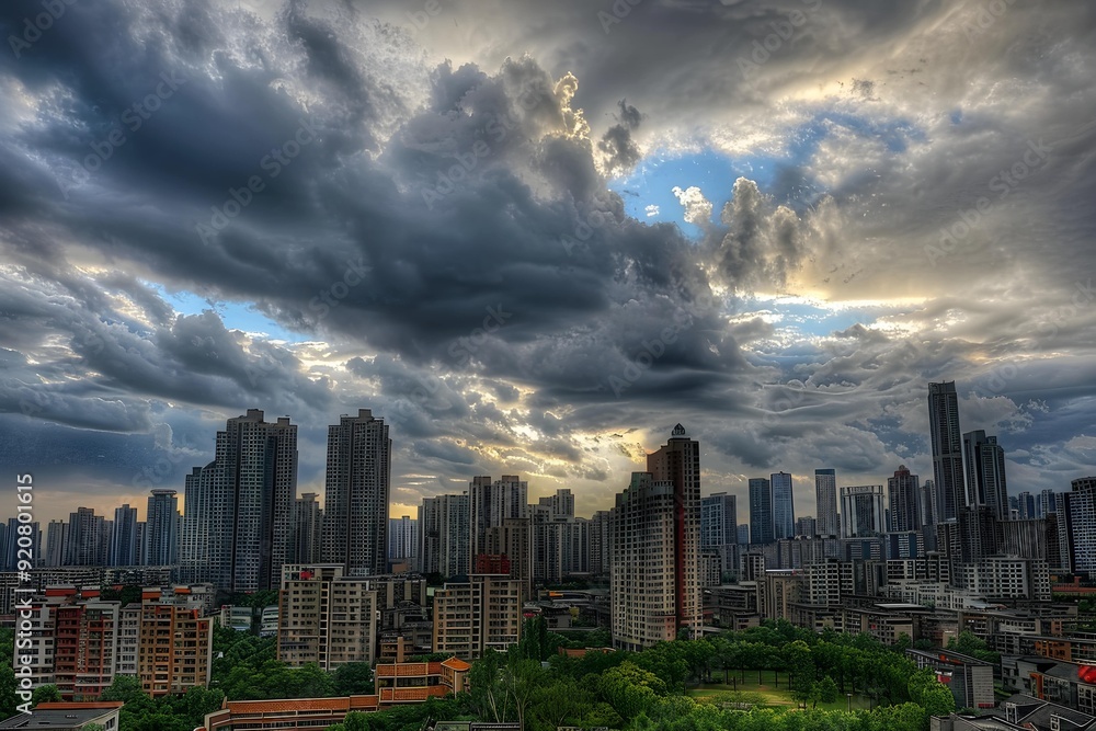 Fototapeta premium A cityscape with tall buildings and a cloudy sky