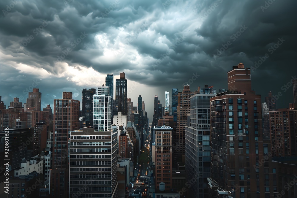 Obraz premium A cityscape with tall buildings and a cloudy sky