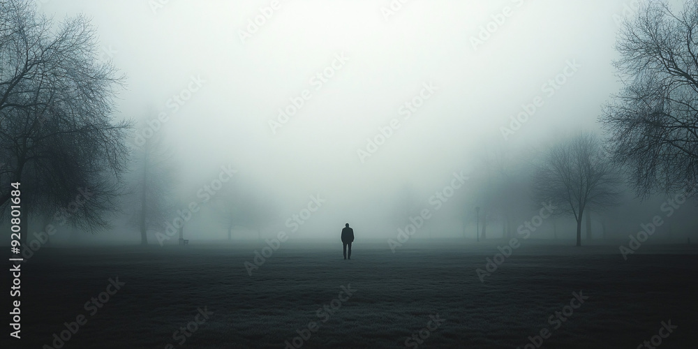 A person walking alone in a foggy park, creating a moody and eerie atmosphere. A person walking alone in a foggy park, creating a moody and eerie atmosphere.