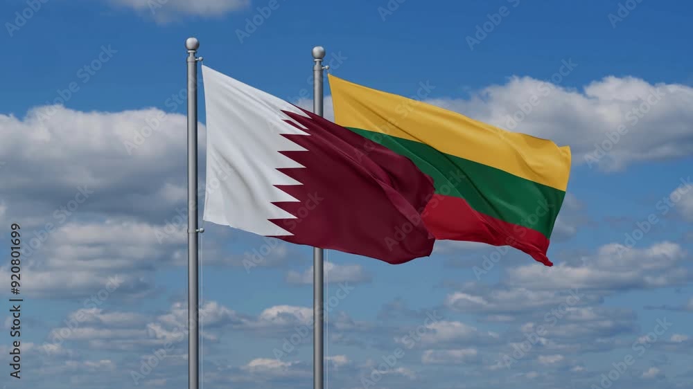 Lithuania and Qatar flags flying together, video concept of the relationship, two country relations concept Lithuania and Qatar flags flying together, video concept of the relationship, two country relations concept