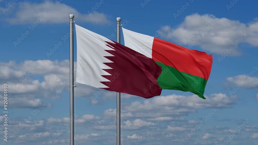 Madagascar and Qatar flags flying together, video concept of the relationship, two country relations concept Madagascar and Qatar flags flying together, video concept of the relationship, two country relations concept