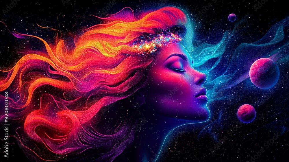 Neon goddess with a crown of stars, her face glowing softly in the cosmic background, planets orbiting around her Neon goddess with a crown of stars, her face glowing softly in the cosmic background, planets orbiting around her