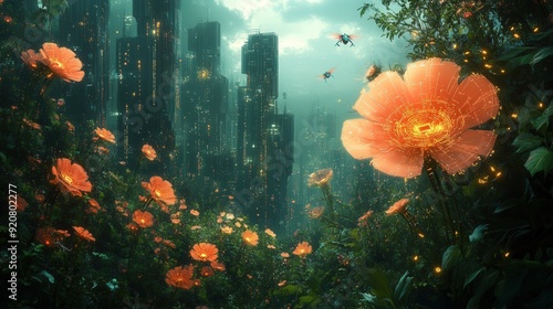 A futuristic illustration of a cybernetic garden, with flowers blooming with glowing circuits and robotic insects buzzing around.