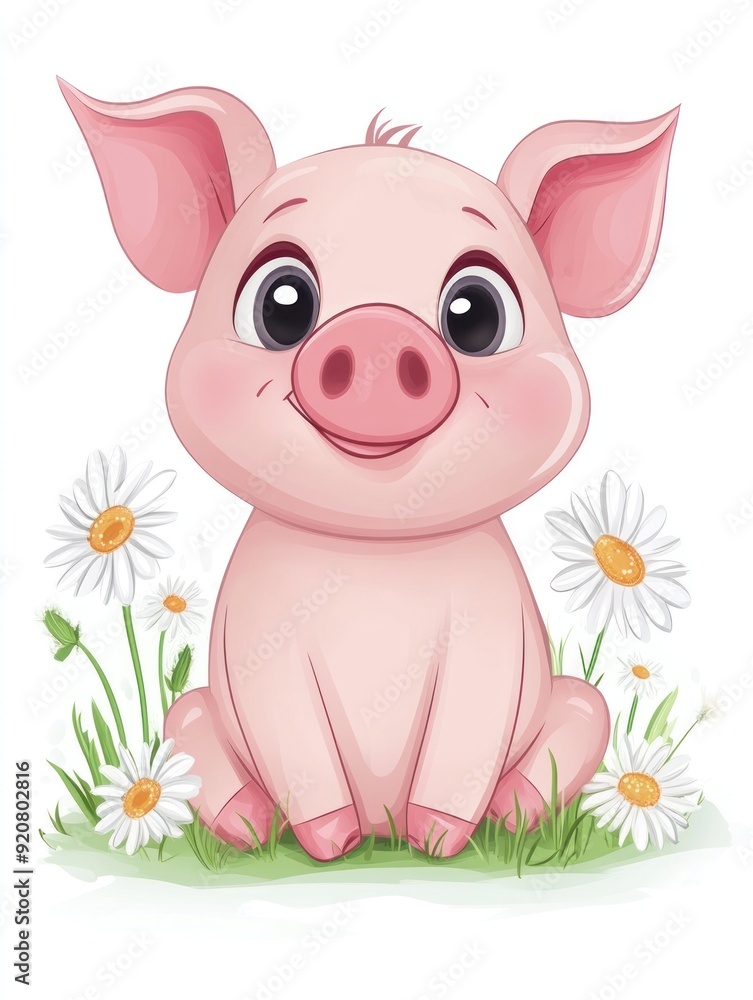 Cute cartoon piglet sitting in the grass with daisies. Cute cartoon piglet sitting in the grass with daisies.