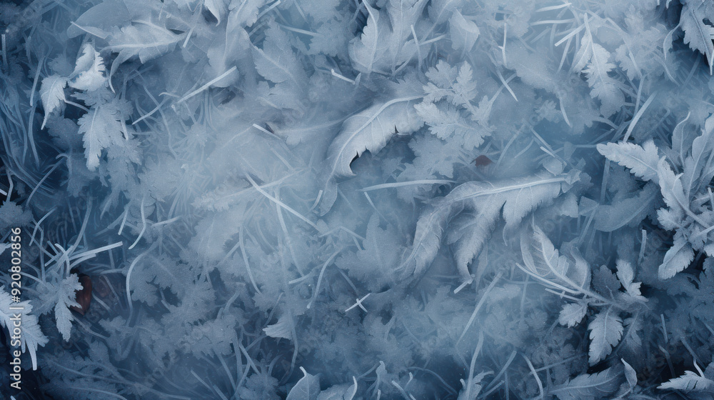 Collection of leaves covered in frost, winter scene. Cold colors, frosty appearance. Crystalline frost. Collection of leaves covered in frost, winter scene. Cold colors, frosty appearance. Crystalline frost.