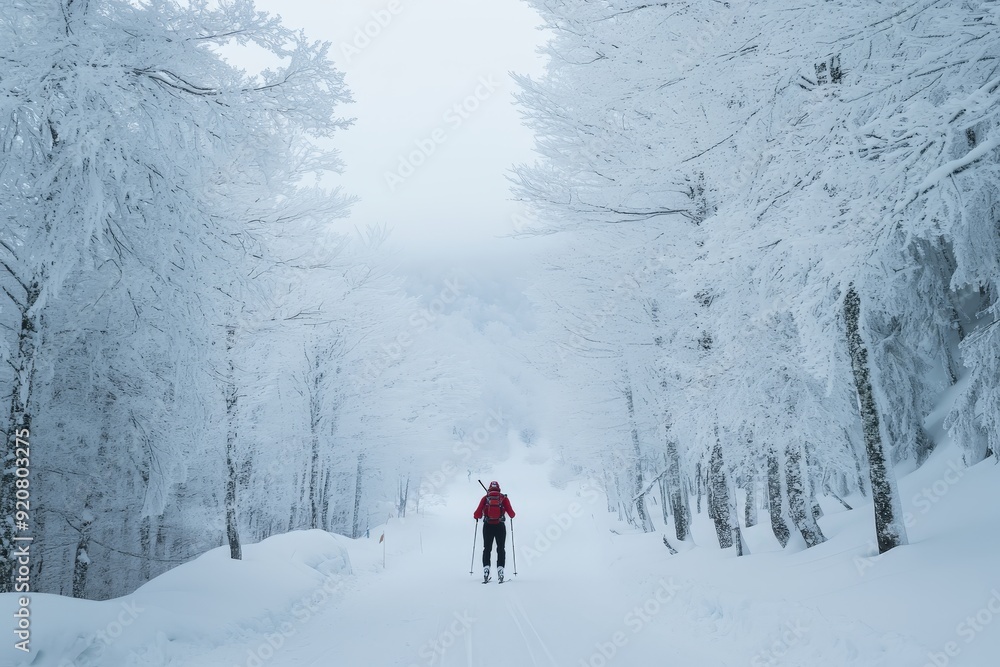 A lone skier travels on a snow-covered trail through a serene, wintry forest, representing solitude and tranquility in a beautiful, cold landscape. A lone skier travels on a snow-covered trail through a serene, wintry forest, representing solitude and tranquility in a beautiful, cold landscape.