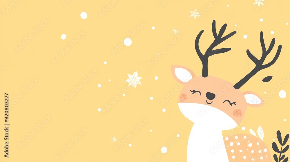 Cute cartoon reindeer on a yellow background with white snowflakes and dots. Cute cartoon reindeer on a yellow background with white snowflakes and dots.