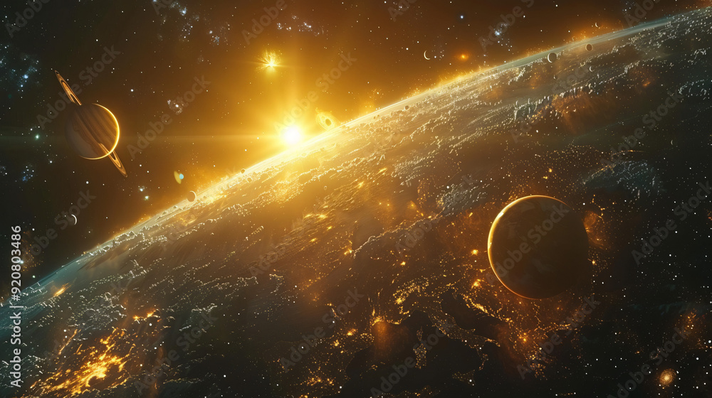 Obraz premium a large, fiery sun with planets orbiting around it.