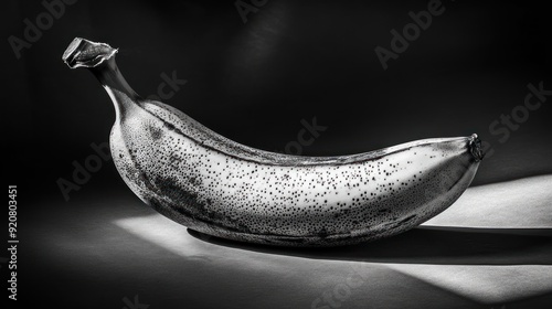 A single, overripe banana with black speckles sits on a gray surface with a dramatic shadow.