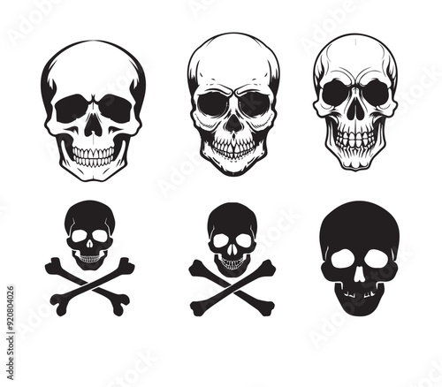 Skull silhouette, isolated on white background. Vector illustration, traditional Halloween decorative element. Halloween silhouette black skull logo - for scary design or decor.
