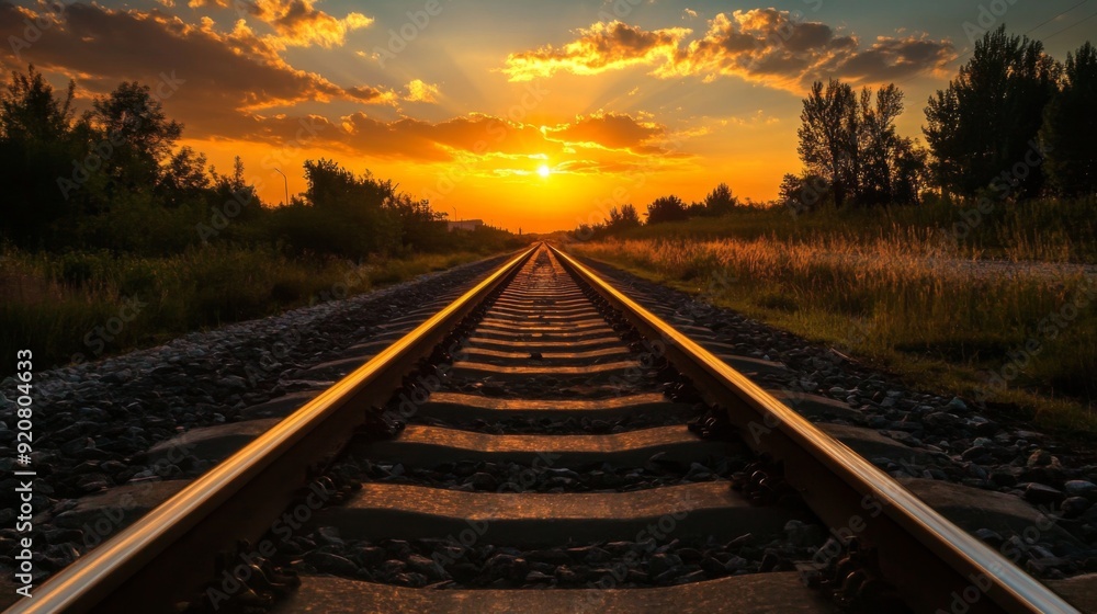 Fototapeta premium Railway track in the evening in sunset. Track railway train for transportation, Rail road