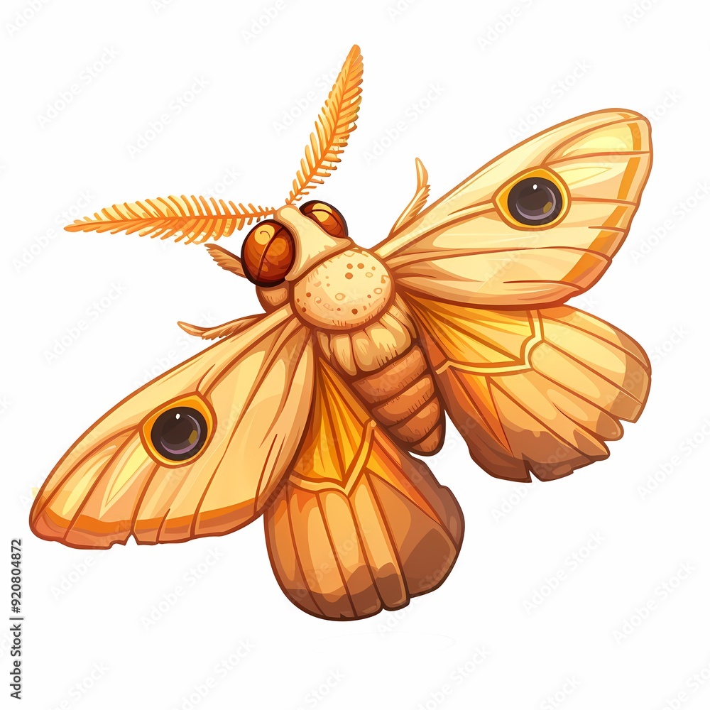 A detailed illustration of a golden moth with feathery antennae, large wings, and prominent eyes, isolated on a white background. A detailed illustration of a golden moth with feathery antennae, large wings, and prominent eyes, isolated on a white background.