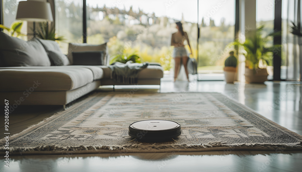 Modern living room with a smart robotic vacuum cleaner on a rug and a person in the background Modern living room with a smart robotic vacuum cleaner on a rug and a person in the background