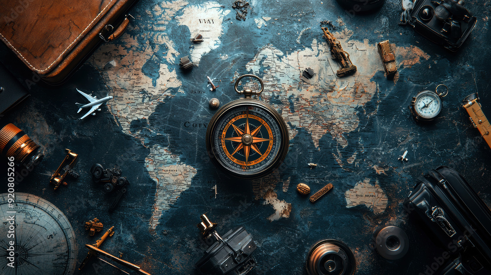 Naklejka premium A compass is on a map with other items such as a suitcase and a camera. Concept of adventure and exploration