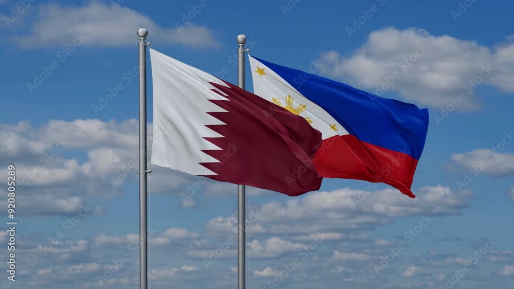 Philippines and Qatar flags flying together, video concept of the relationship, two country cooperation concept Philippines and Qatar flags flying together, video concept of the relationship, two country cooperation concept