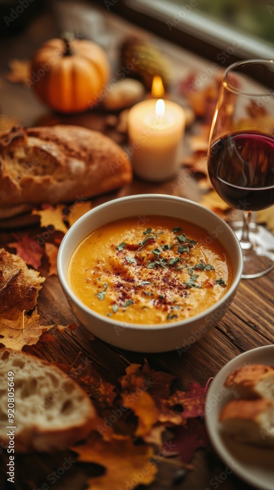 Bowl of hot pumpkin soup with bread and wine for autumn meal Bowl of hot pumpkin soup with bread and wine for autumn meal