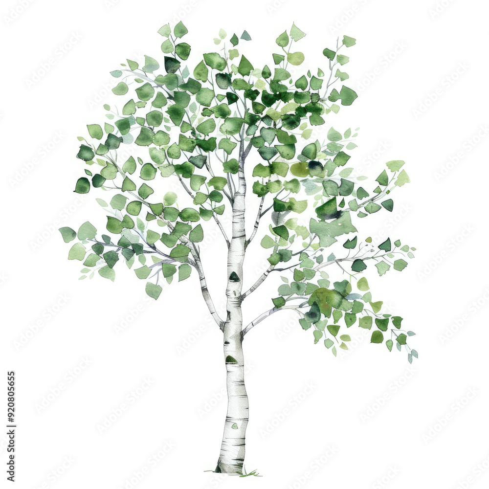 Fototapeta premium Minimalist Watercolor Illustration of a Delicate Birch Tree Elegant and Serene Nature Art