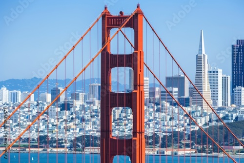 Golden Gate Bridge close-up against San Francisco skyline. Perfect for travel and architectural content. Bright and sharp. Classic San Francisco shot. Generative AI photo