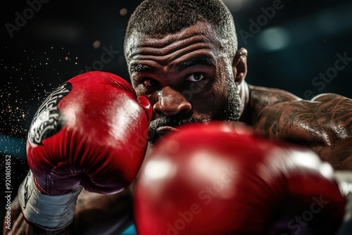 A boxer with red gloves is shown engaging in an intense boxing match, throwing a punch at their opponent, highlighting the physical prowess and concentrated effort of the sport. photo