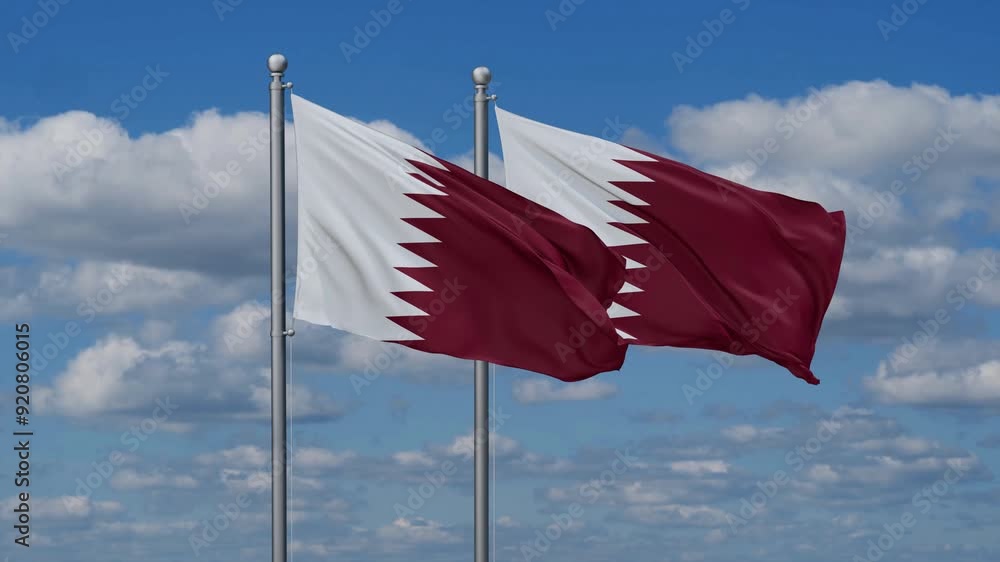 Two Qatar flags flying together, video concept of the relationship, two country cooperation concept Two Qatar flags flying together, video concept of the relationship, two country cooperation concept