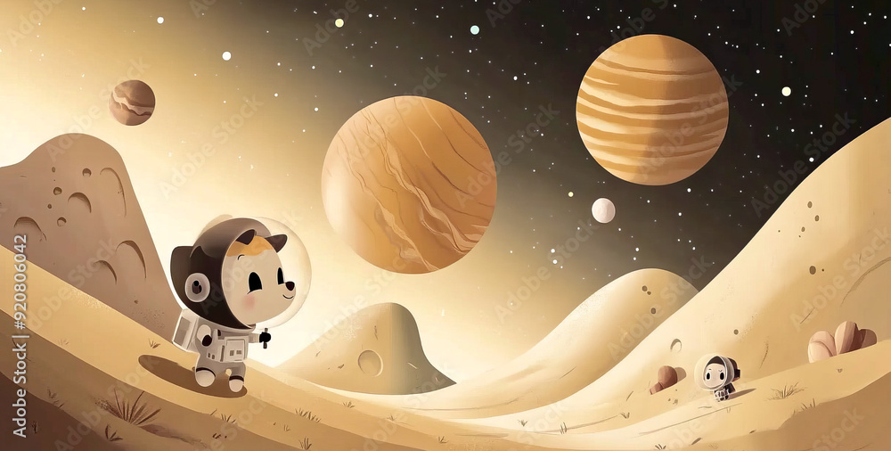 Naklejka premium Cute Astronaut Cat Exploring Alien Desert Planet 