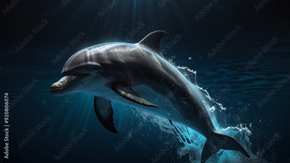 Fototapeta premium Dolphin jumping out of water. Mixed media.