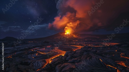 Time-lapse photography of a volcanic eruption at night, showing the glowing lava against the dark sky