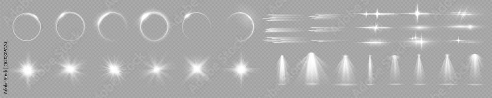 Light effects. Christmas rays, shine, lines, glow, white garlands. Glowing abstract isolated curved lenses of light. Lens flare, explosion, spark, line, vortex ray, sparks and stars, spotlight