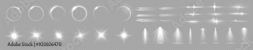 Light effects. Christmas rays, shine, lines, glow, white garlands. Glowing abstract isolated curved lenses of light. Lens flare, explosion, spark, line, vortex ray, sparks and stars, spotlight